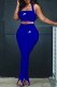 Royal Blue Fashion Street Print Patchwork Halter Sleeveless Two Pieces