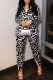 Black Casual Print Patchwork Buckle Turndown Collar Long Sleeve Two Pieces