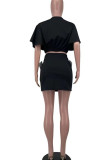 Black Sexy Solid Patchwork Flounce V Neck Short Sleeve Two Pieces