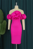 Rose Red Fashion Sexy Solid Patchwork Backless Off the Shoulder Evening Dress