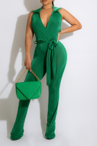 Green Casual Solid Patchwork Turndown Collar Boot Cut Jumpsuits