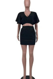Black Sexy Solid Patchwork Flounce V Neck Short Sleeve Two Pieces
