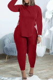 Burgundy Casual Solid Bandage Patchwork Slit O Neck Long Sleeve Two Pieces