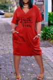Red Black Fashion Casual Plus Size Print Patchwork V Neck Short Sleeve Dress