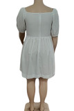 White Casual Solid Patchwork Square Collar A Line Plus Size Dresses