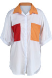 White Fashion Casual Solid Patchwork Turndown Collar Tops