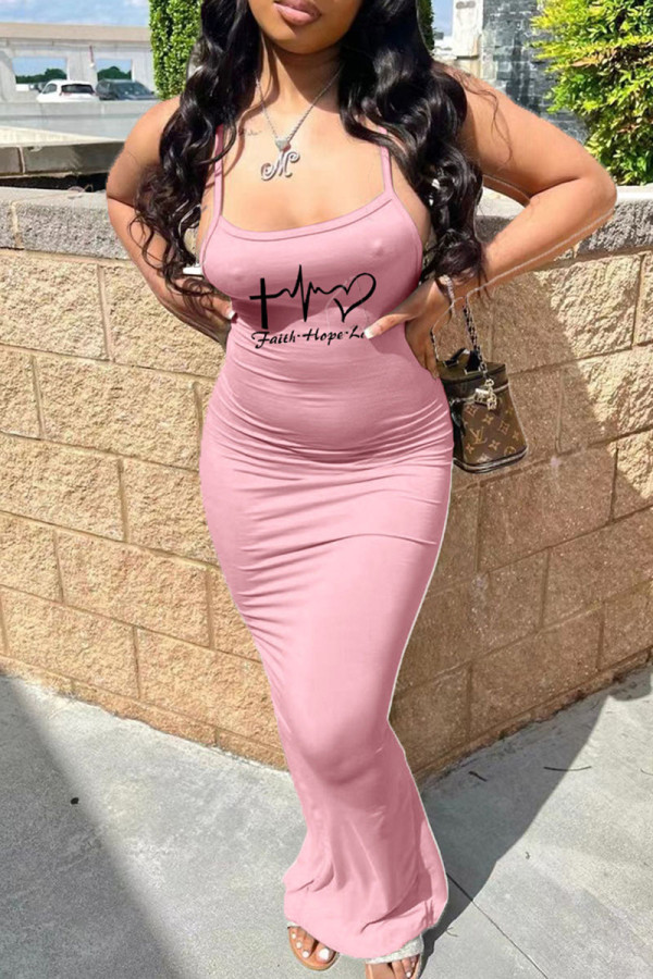 Pink Sexy Print Patchwork Spaghetti Strap One Step Skirt Dresses