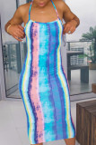 Blue Sexy Fashion Print Suspender Backless Long Dress