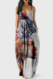 Light Gray Fashion Sexy Print Backless Spaghetti Strap Long Dress