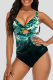 Blue Black Fashion Sexy Print Hollowed Out Backless Swimwears (With Paddings)