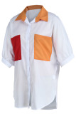 White Fashion Casual Solid Patchwork Turndown Collar Tops