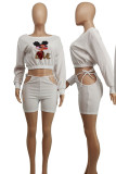 White Sexy Print Bandage Hollowed Out Patchwork O Neck Long Sleeve Two Pieces