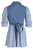Pink Fashion Casual Striped Print Patchwork Turndown Collar Short Sleeve Dress