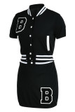 Black Fashion Casual Letter Embroidery Patchwork O Neck Short Sleeve Two Pieces