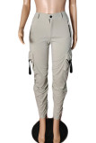 Grey Casual Solid Patchwork Draw String Pocket Regular High Waist Pencil Solid Color Bottoms