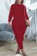 Burgundy Casual Solid Bandage Patchwork Slit O Neck Long Sleeve Two Pieces