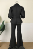 Black Fashion Casual Solid Patchwork Turndown Collar Half Sleeve Two Pieces (Without Belt)