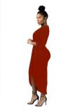 Red Casual Fashion adult Cap Sleeve 3/4 Length Sleeves V Neck Asymmetrical Mid-Calf Solid Patc