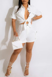 White Casual Solid Patchwork Buckle Turndown Collar Short Sleeve Two Pieces