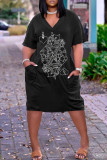 Black White Fashion Casual Plus Size Print Patchwork V Neck Short Sleeve Dress