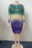 Green Sexy Print Patchwork See-through O Neck Pencil Skirt Plus Size Dresses