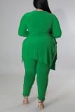 Green Casual Solid Bandage Patchwork Asymmetrical O Neck Plus Size Two Pieces