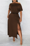 Burgundy Fashion Casual Solid Patchwork Slit Off the Shoulder Short Sleeve Dress