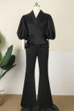 Black Fashion Casual Solid Patchwork Turndown Collar Half Sleeve Two Pieces (Without Belt)