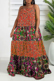 Tangerine Casual Sweet Print Patchwork Spaghetti Strap Sling Dress Plus Size Dresses