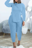 Light Blue Casual Solid Bandage Patchwork Slit O Neck Long Sleeve Two Pieces