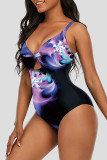 Blue Black Fashion Sexy Print Hollowed Out Backless Swimwears (With Paddings)