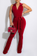 Red Casual Solid Patchwork Turndown Collar Boot Cut Jumpsuits