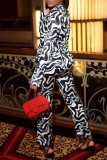 Purple Casual Print Patchwork Buckle Turndown Collar Long Sleeve Two Pieces