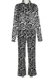 Purple Casual Print Patchwork Buckle Turndown Collar Long Sleeve Two Pieces