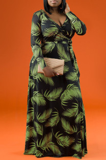 Black Green Casual Print Patchwork V Neck Straight Plus Size Dresses
