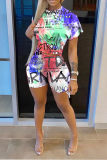Rose Red Casual Print Patchwork O Neck Short Sleeve Two Pieces
