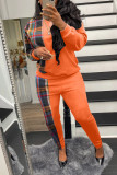 Orange Casual Plaid Print Patchwork O Neck Long Sleeve Two Pieces