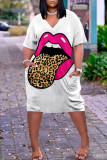 White Plus Size Fashion Print Pocket V Neck Straight Dresses