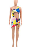 Yellow Sexy Print Hollowed Out Patchwork Draw String Asymmetrical Oblique Collar Pencil Skirt Dresses