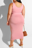 Pink Casual Solid Bandage Patchwork U Neck Plus Size Two Pieces
