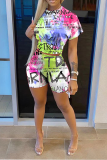 Rose Red Casual Print Patchwork O Neck Short Sleeve Two Pieces