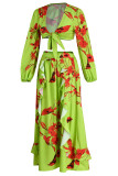 Yellow Sexy Print Bandage Patchwork V Neck Long Sleeve Two Pieces