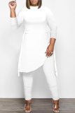 White Casual Solid Draw String O Neck Long Sleeve Two Pieces