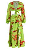 Yellow Sexy Print Bandage Patchwork V Neck Long Sleeve Two Pieces