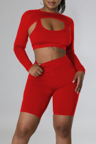 Red Sportswear Solid Patchwork O Neck Long Sleeve Three Pieces