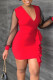 Red Casual Solid Patchwork Flounce V Neck One Step Skirt Dresses