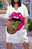Brown Plus Size Fashion Print Pocket V Neck Straight Dresses