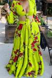 Yellow Sexy Print Bandage Patchwork V Neck Long Sleeve Two Pieces