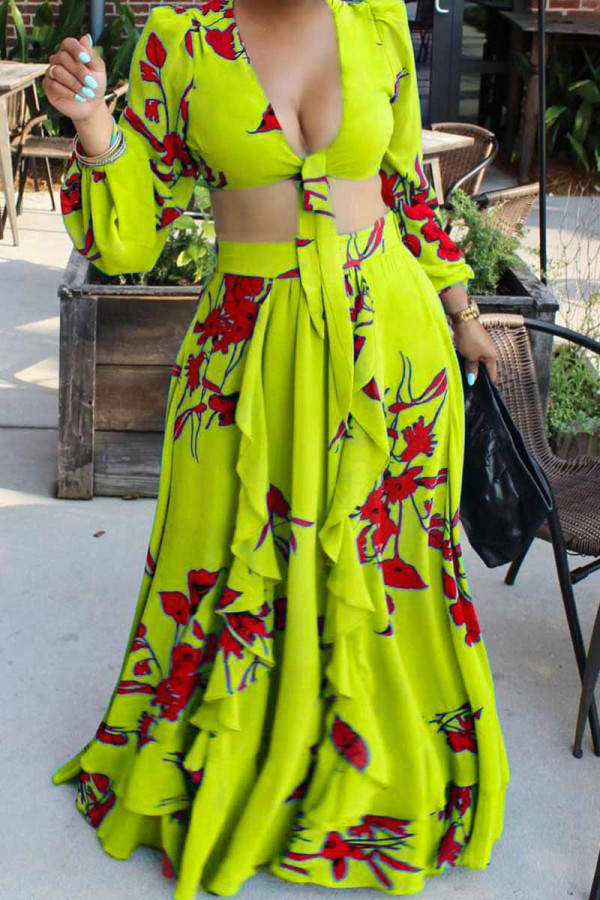 Yellow Sexy Print Bandage Patchwork V Neck Long Sleeve Two Pieces