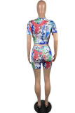Rose Red Casual Print Patchwork O Neck Short Sleeve Two Pieces
